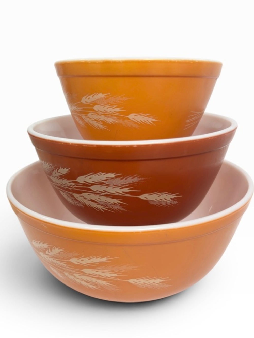Vintage Pyrex Autumn Harvest Wheat Cinderella Mixing Bowls 3 Pc Brown Orange Set